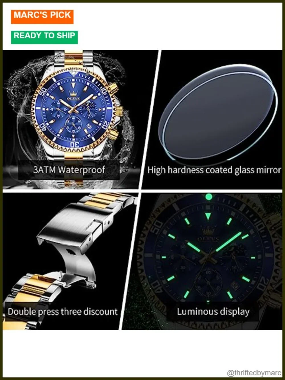 Men's Stainless Steel Waterproof Chronograph Wrist Watch Luminous Analog Quartz